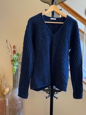 CO Collection Navy Blue Cable Chunky Knit Speckled Cashmere Sweater Medium